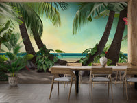 Beach Lagoon View wallpaper mural of a palm beach in a dining room with a wood table and chairs