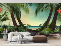 Beach Lagoon View wallpaper mural of tropical palms behind a white sofa and brown leather ottoman
