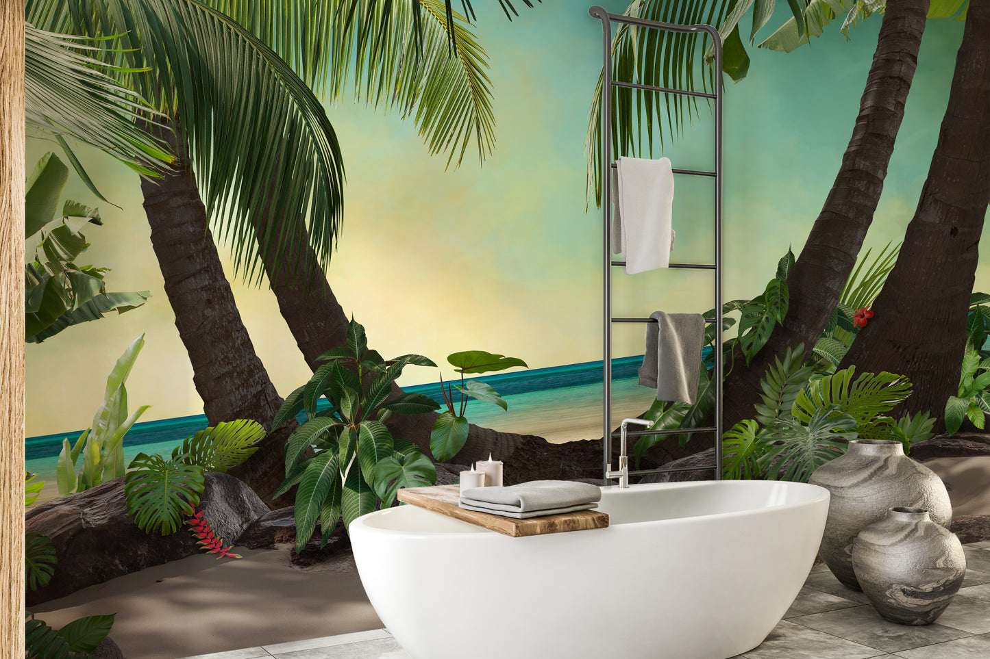 Beach Lagoon View wallpaper mural of palms over turquoise water in a bathroom with a white freestanding tub