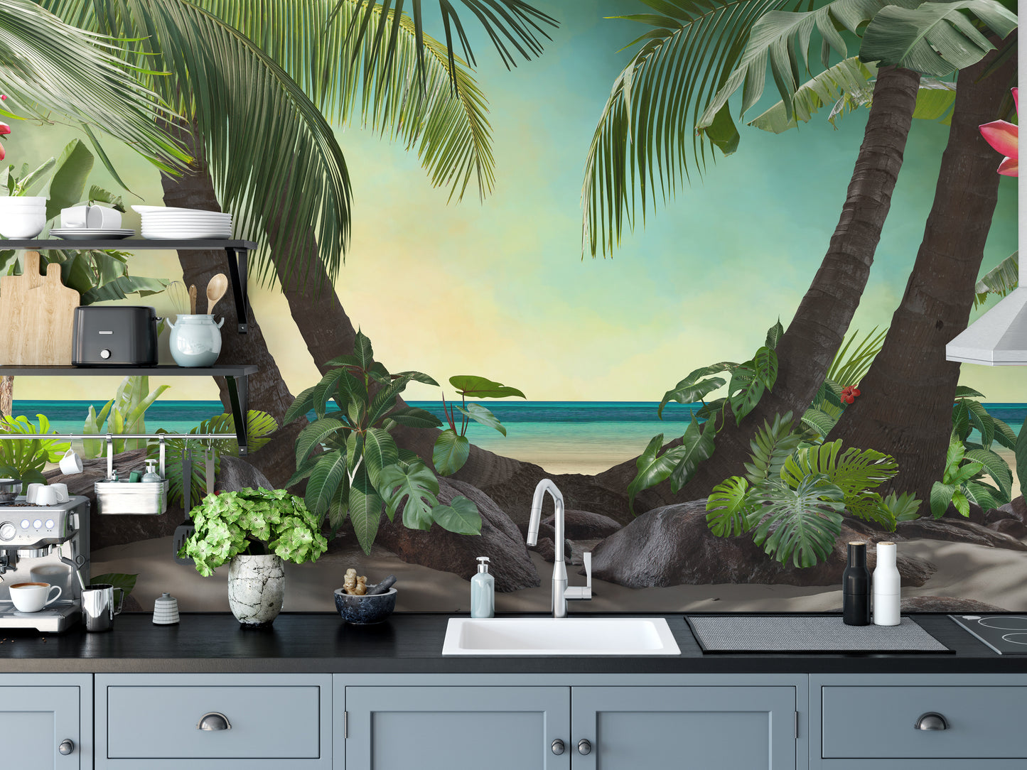 Beach Lagoon View wallpaper mural of a palm-fringed lagoon as a kitchen backsplash above grey cabinets
