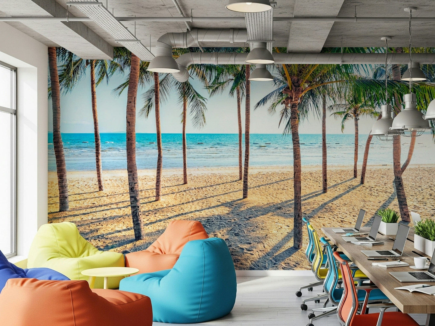 Refreshing summer getaway Beach Palm Paradise peel and stick wallpaper.