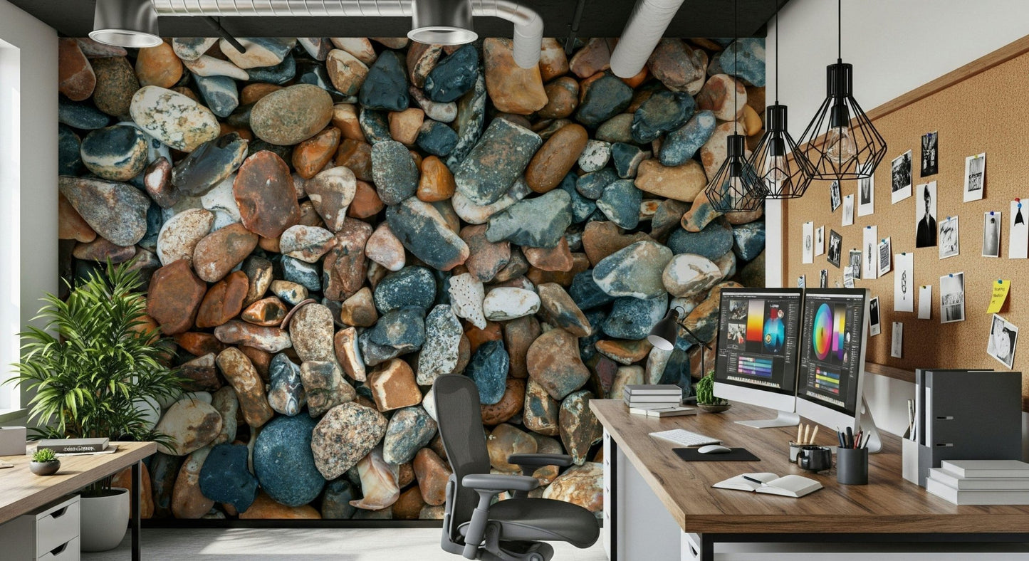 Natural pebble wall mural with wooden console
