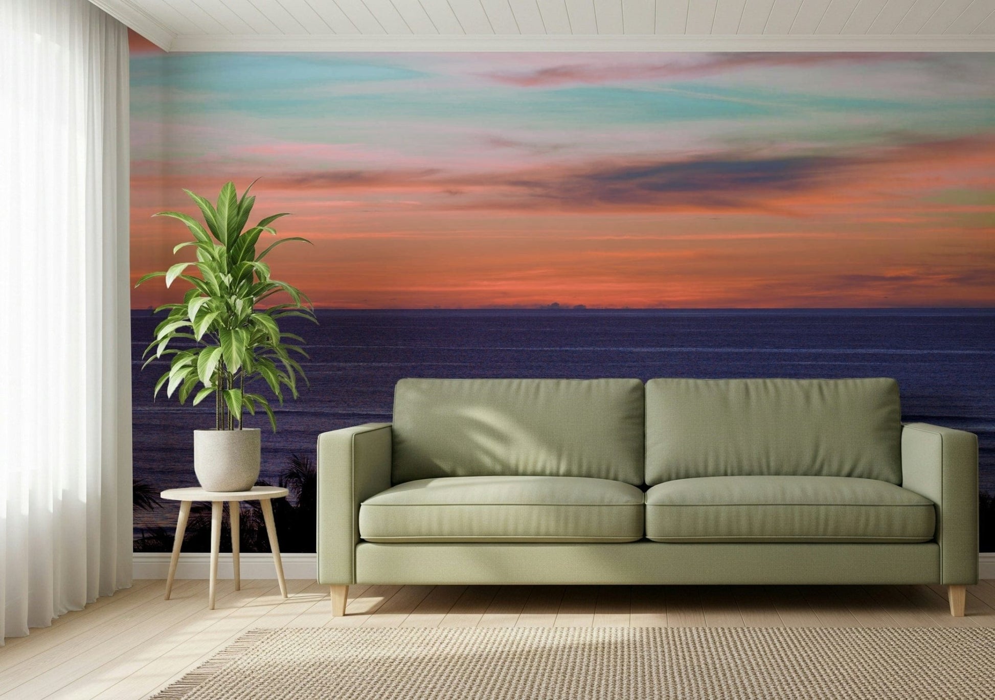 Beach Sunset Wall Mural behind a neutral bed frame in a stylish flat.