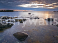 Minimal coastal wall mural for apartment living room, dusk beach view, soft color tones