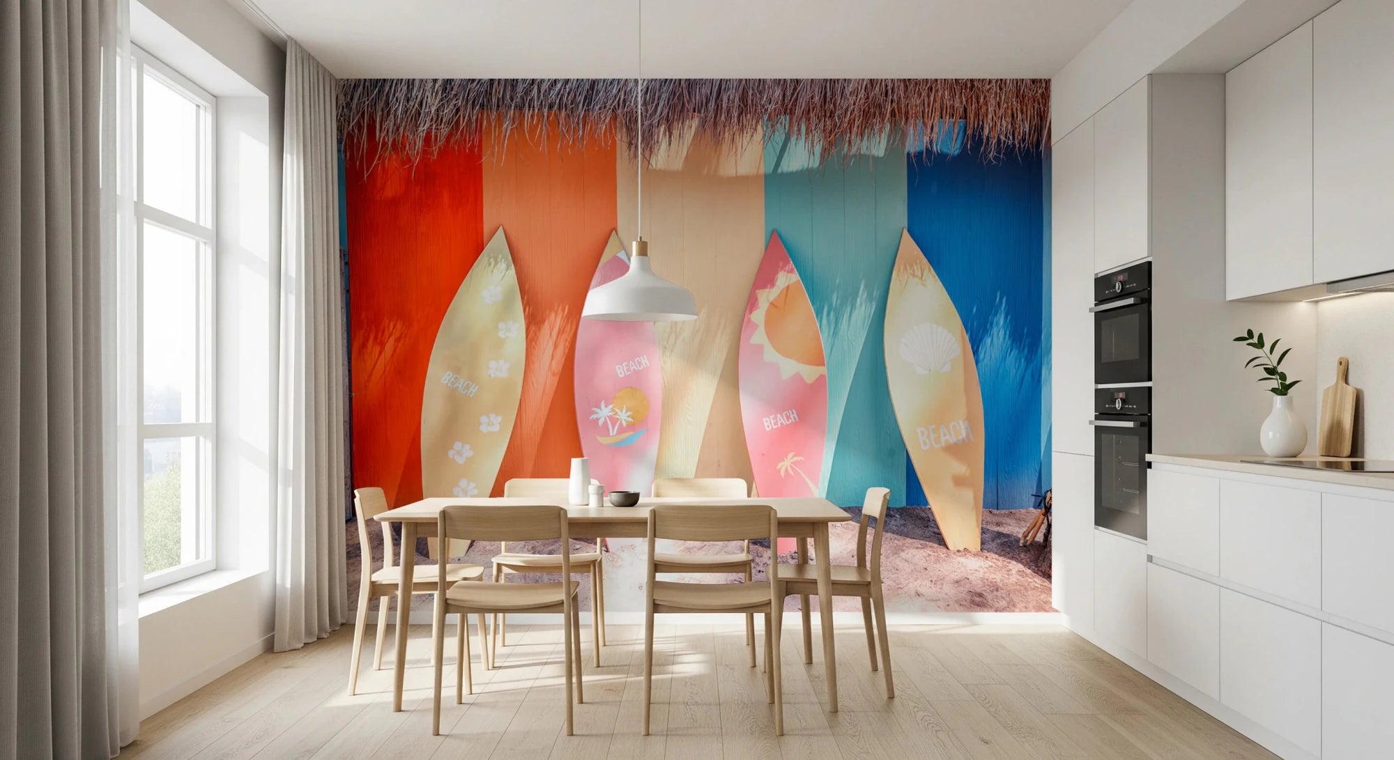 Beach Vibes Surfboards wall mural of colorful surfboards on a striped wall beside a wood dining table and chairs