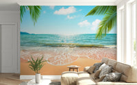 Picture-perfect Beachside Bliss mural, ocean scenery, tropical fronds, stunning feature.
