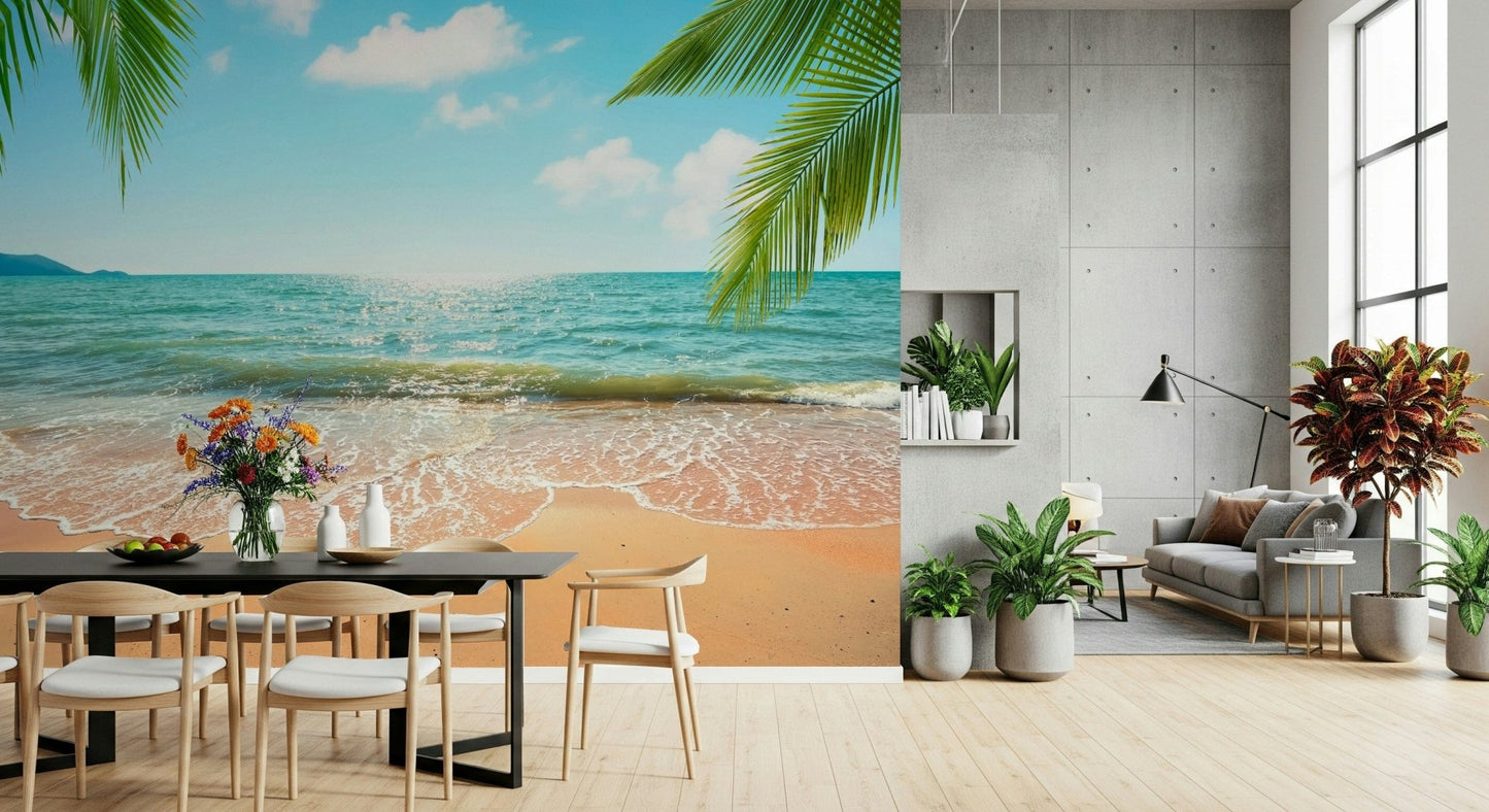 Palm Beachside Bliss wallpaper, peaceful beach, horizon view, room decoration.