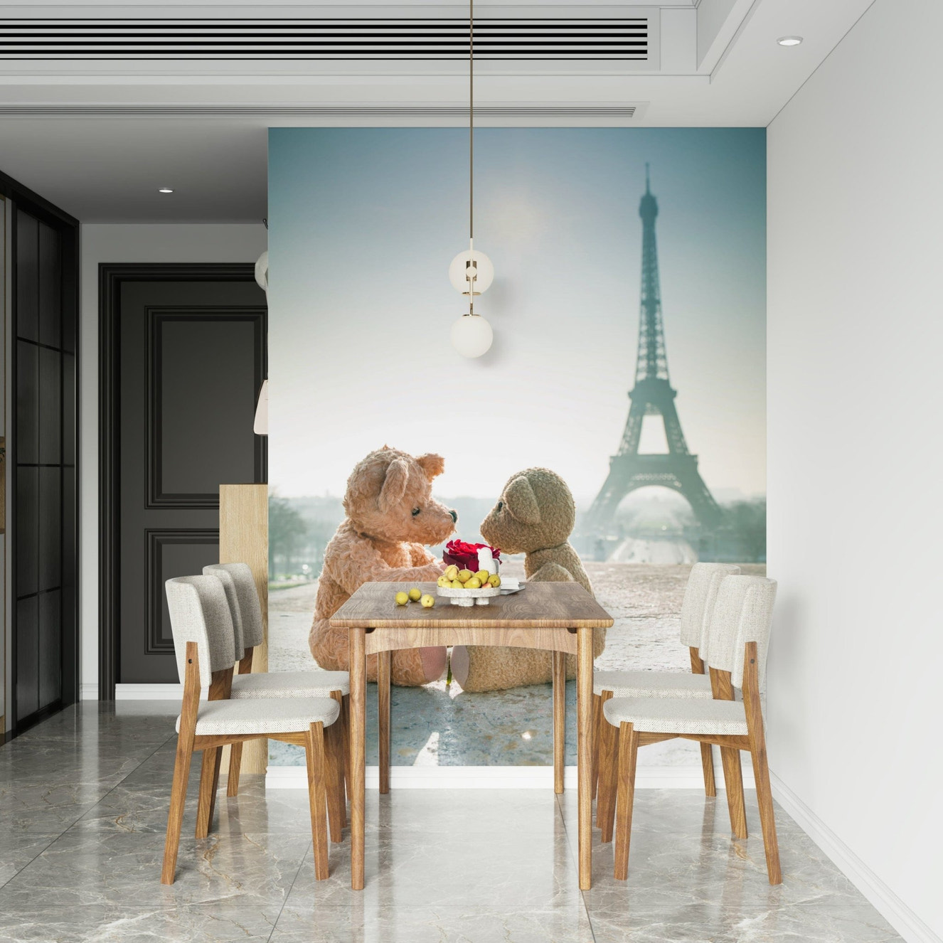 Paris Romance Mural Gentle stuffed bears in bright sunlight on concrete.