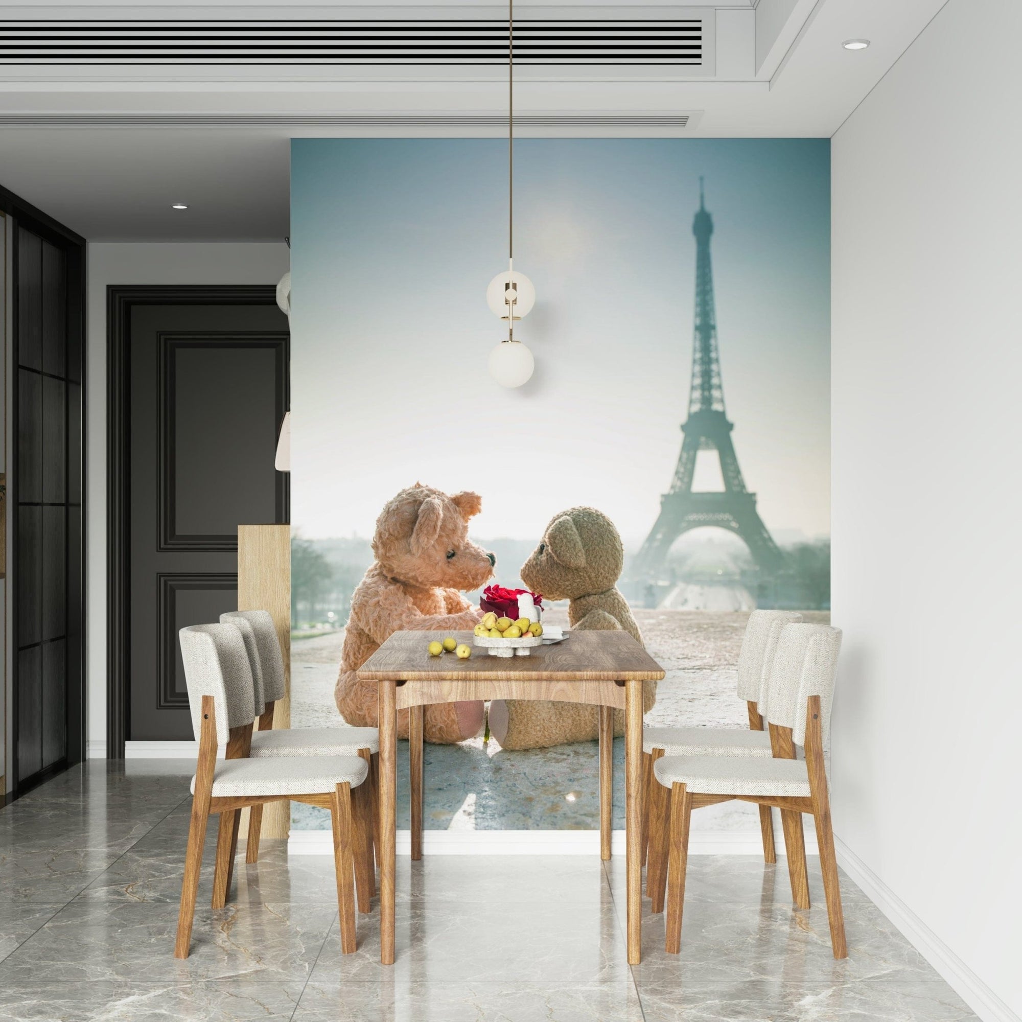 Paris Romance Mural Gentle stuffed bears in bright sunlight on concrete.