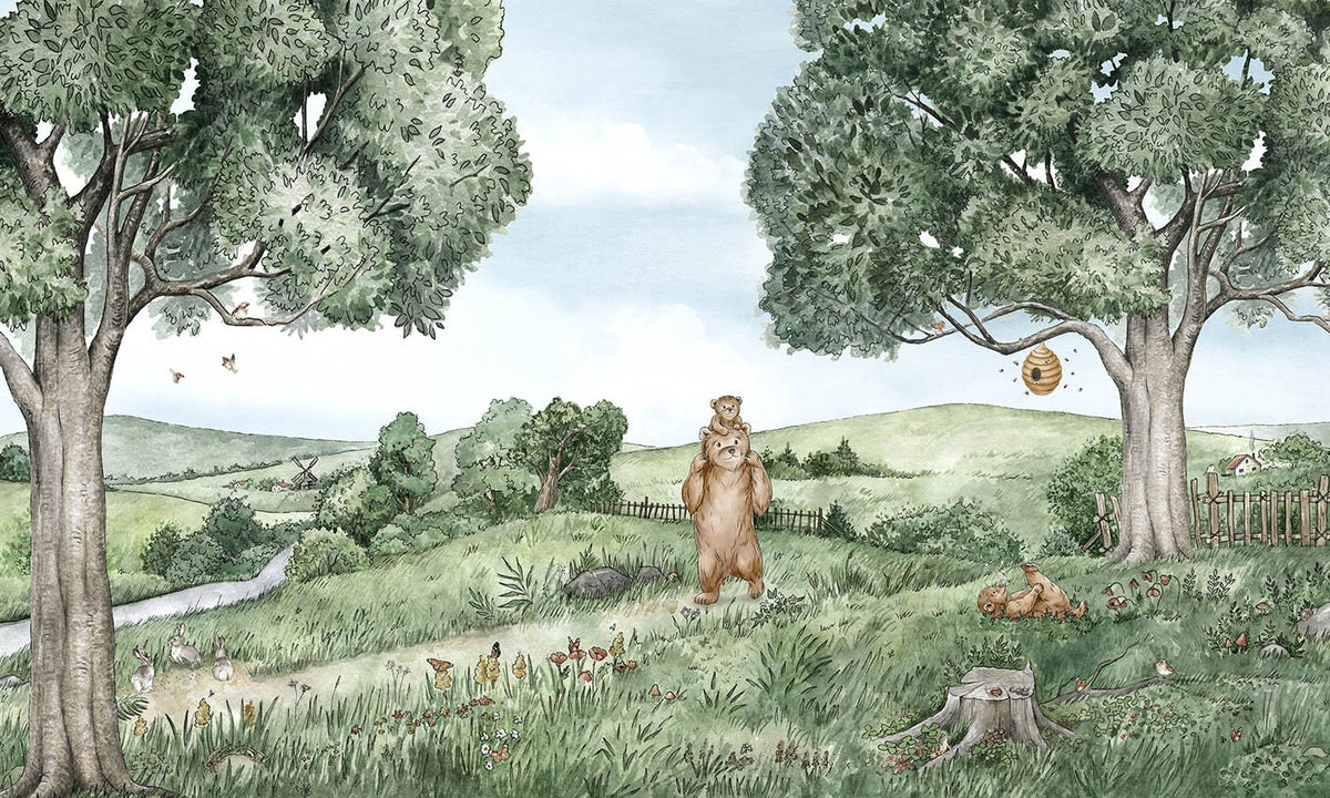 Bear and Bees Wallpaper Mural in your room — zoomed