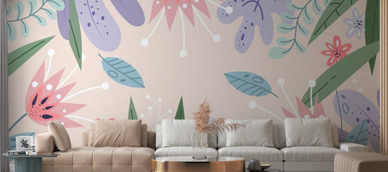 Abstract Leaves Flowers wallpaper mural shown as a full feature wall that highlights the design