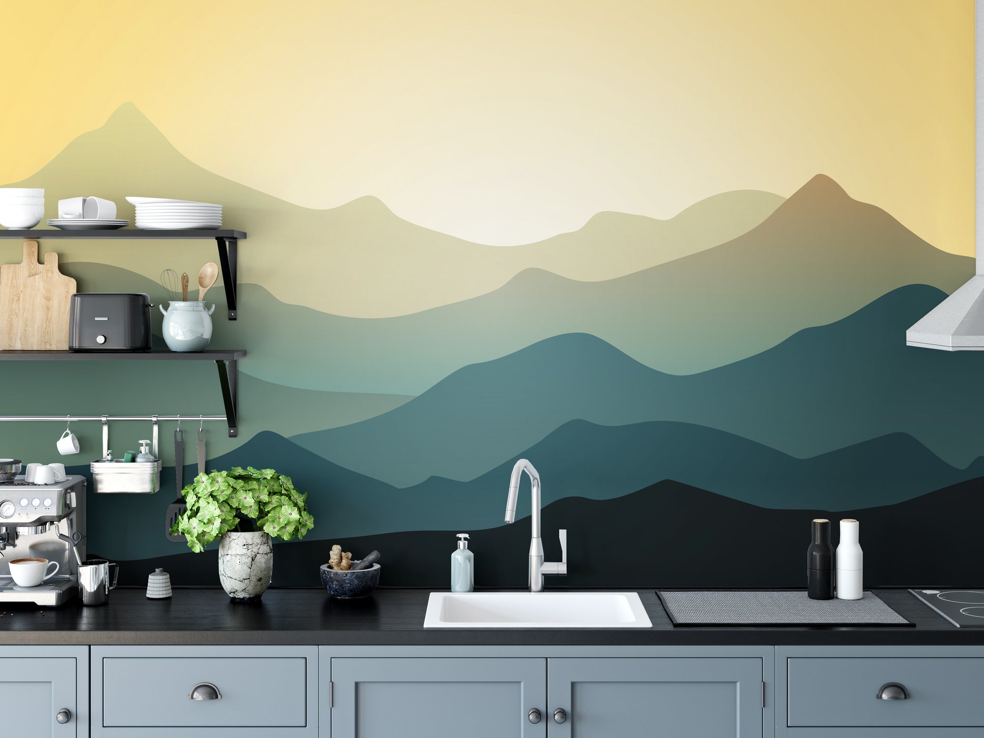 Beautiful Green Mountain wallpaper mural of green and yellow layered peaks in a kitchen with grey-blue cabinets and a sink