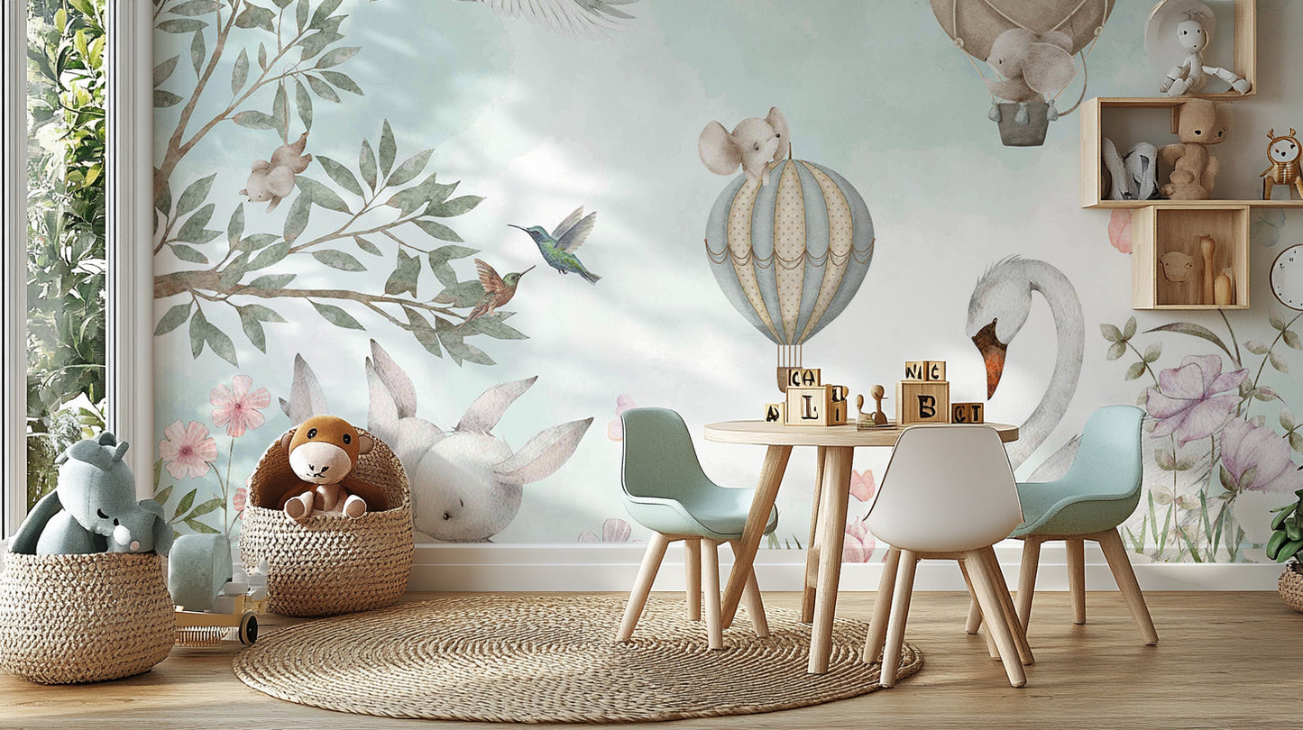 Beautiful Nature Scenery wallpaper mural with swan and balloon above a round kids table and mint chairs