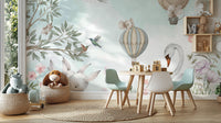 Beautiful Nature Scenery wallpaper mural with swan and balloon above a round kids table and mint chairs