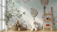 Beautiful Nature Scenery wallpaper mural in pastel tones behind white teddy bears in a kids room