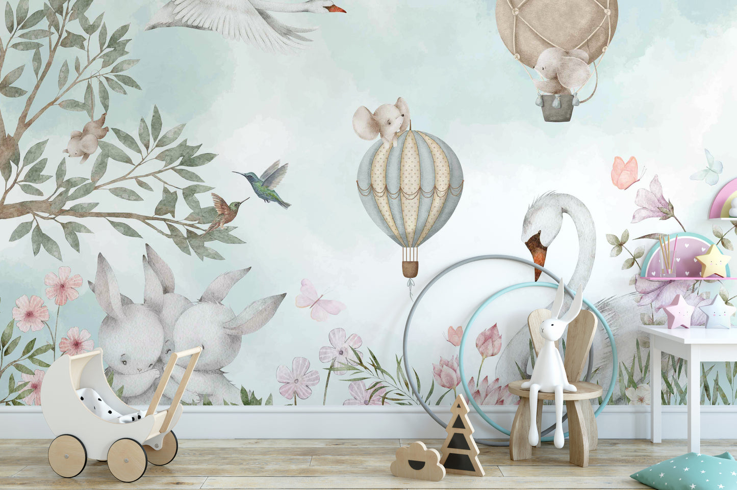 Beautiful Nature Scenery wallpaper mural with bunnies and a swan behind a white toy pram in a nursery