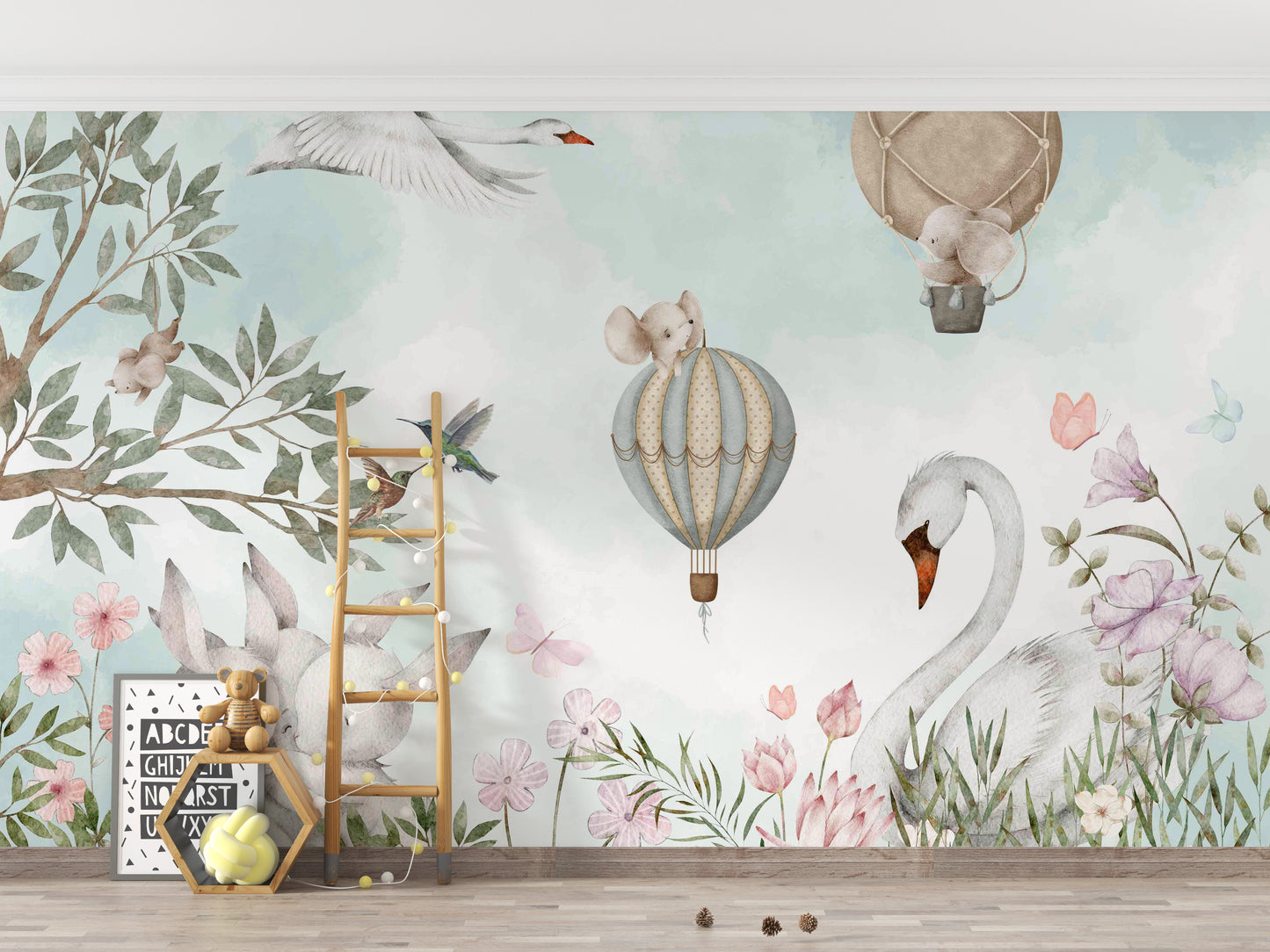 Beautiful Nature Scenery wallpaper mural with swan and elephant balloons beside a wooden ladder in a kids room