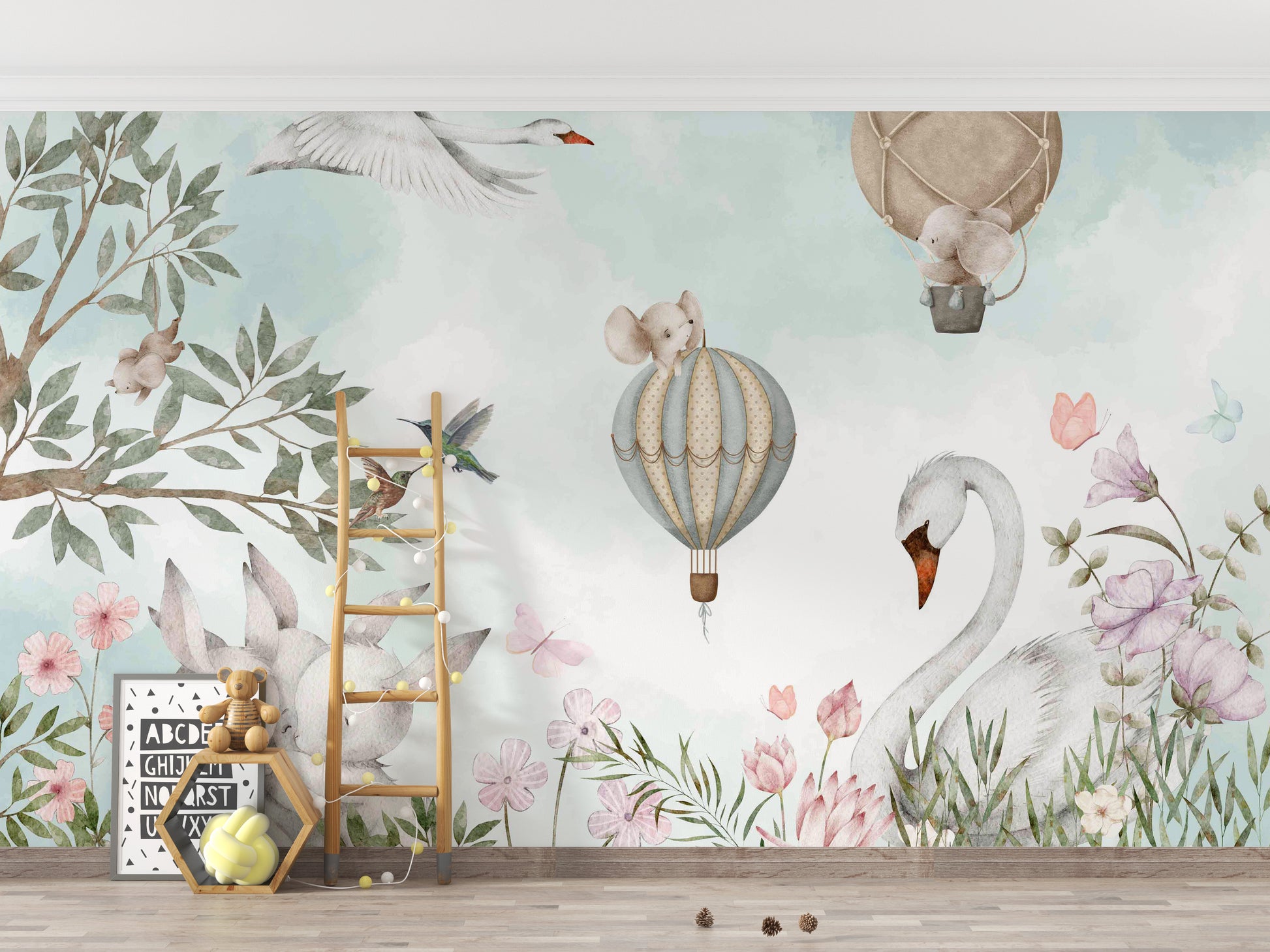 Beautiful Nature Scenery wallpaper mural with swan and elephant balloons beside a wooden ladder in a kids room