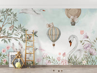 Beautiful Nature Scenery wallpaper mural with swan and elephant balloons beside a wooden ladder in a kids room