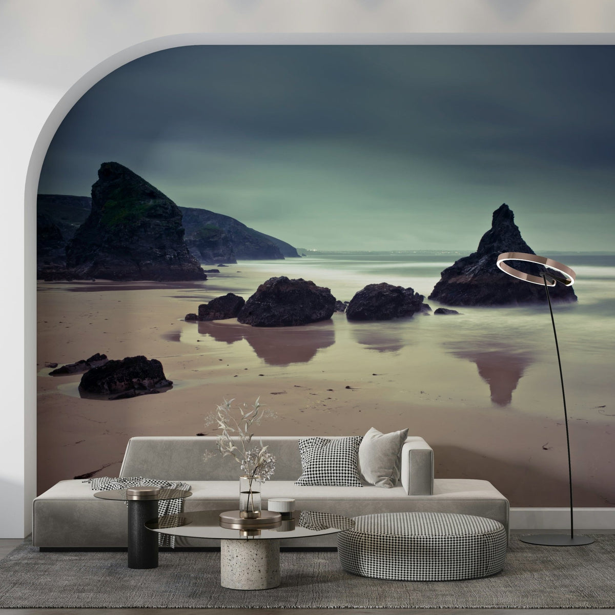 Moody Bedruthan Steps beach scene in modern living room