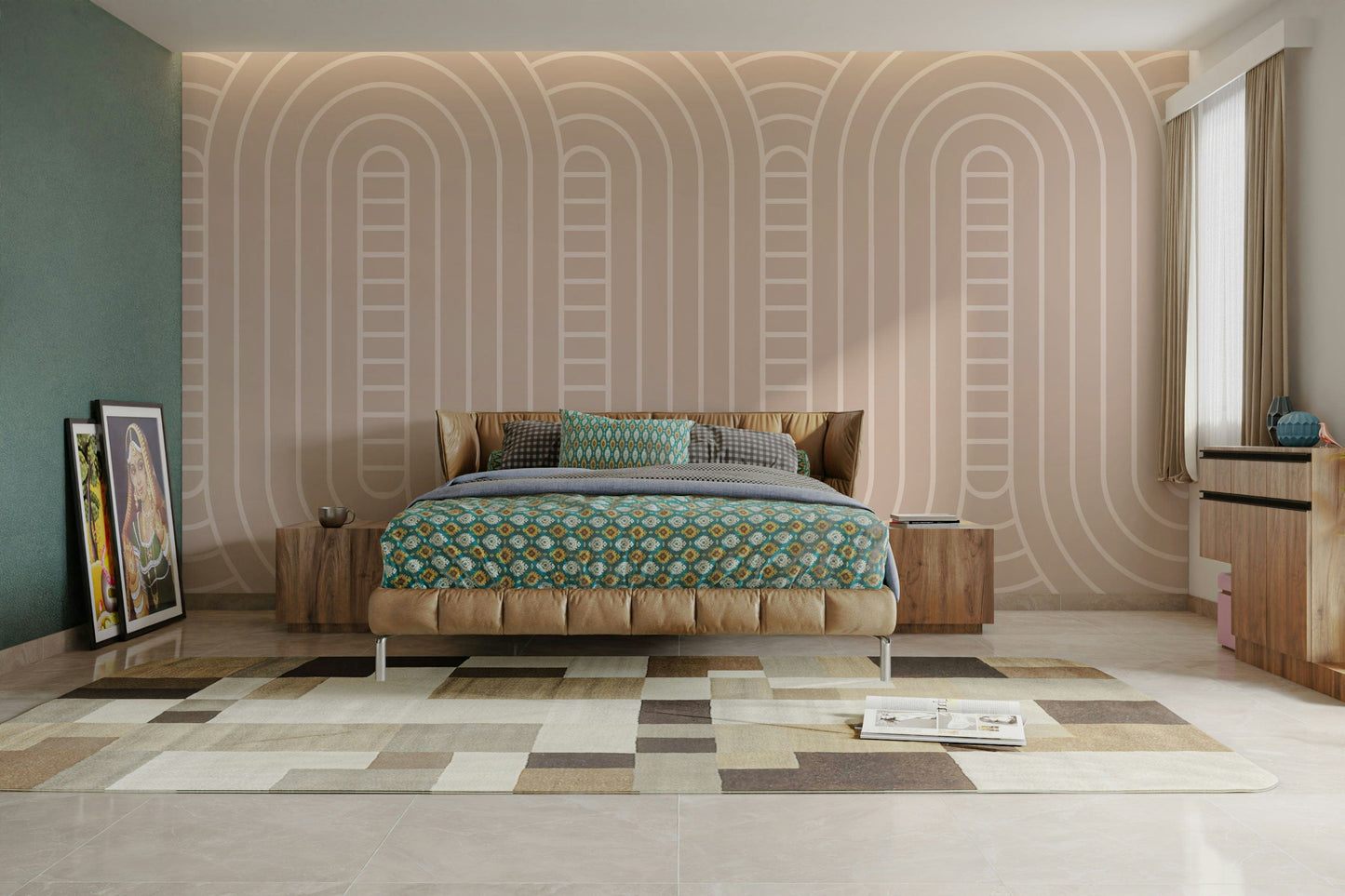 A peaceful wall mural with a modern, curved design.

