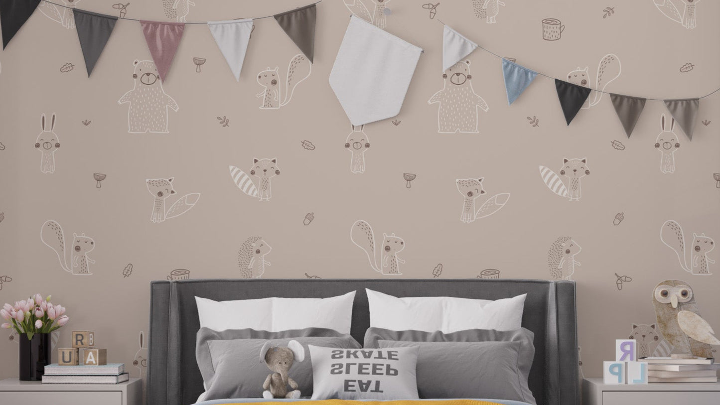 Beige baby forest friends wallpaper for a cozy nursery.

