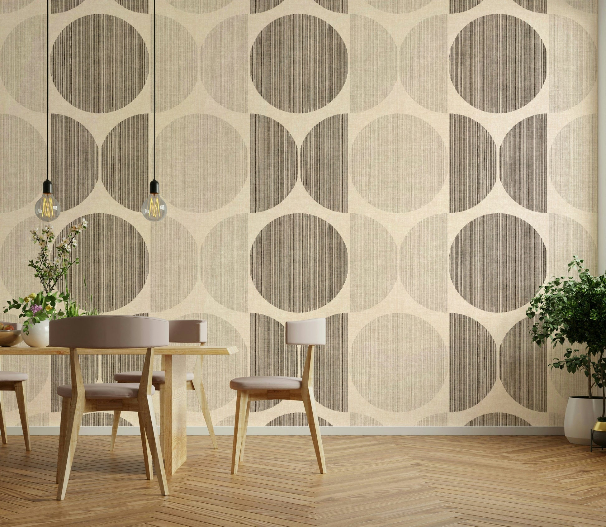 A beautiful Bauhaus circle wallpaper mural for a midcentury room.

