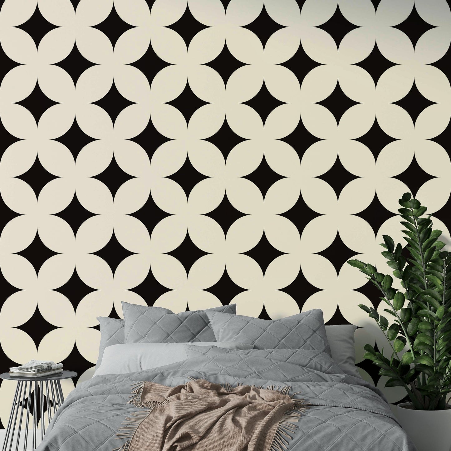 Modern celestial geometric art deco wallpaper for rooms.

