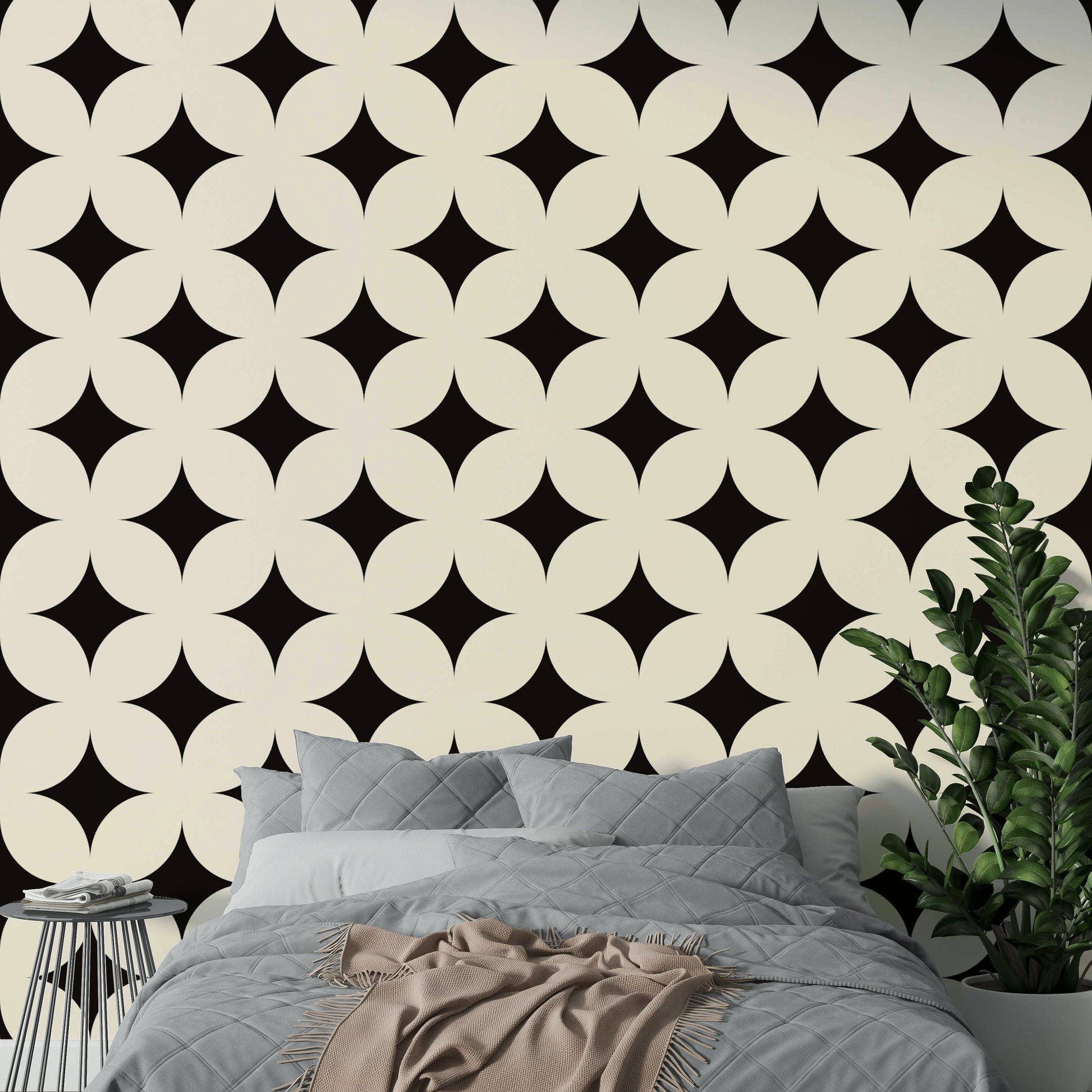 Modern celestial geometric art deco wallpaper for rooms.
