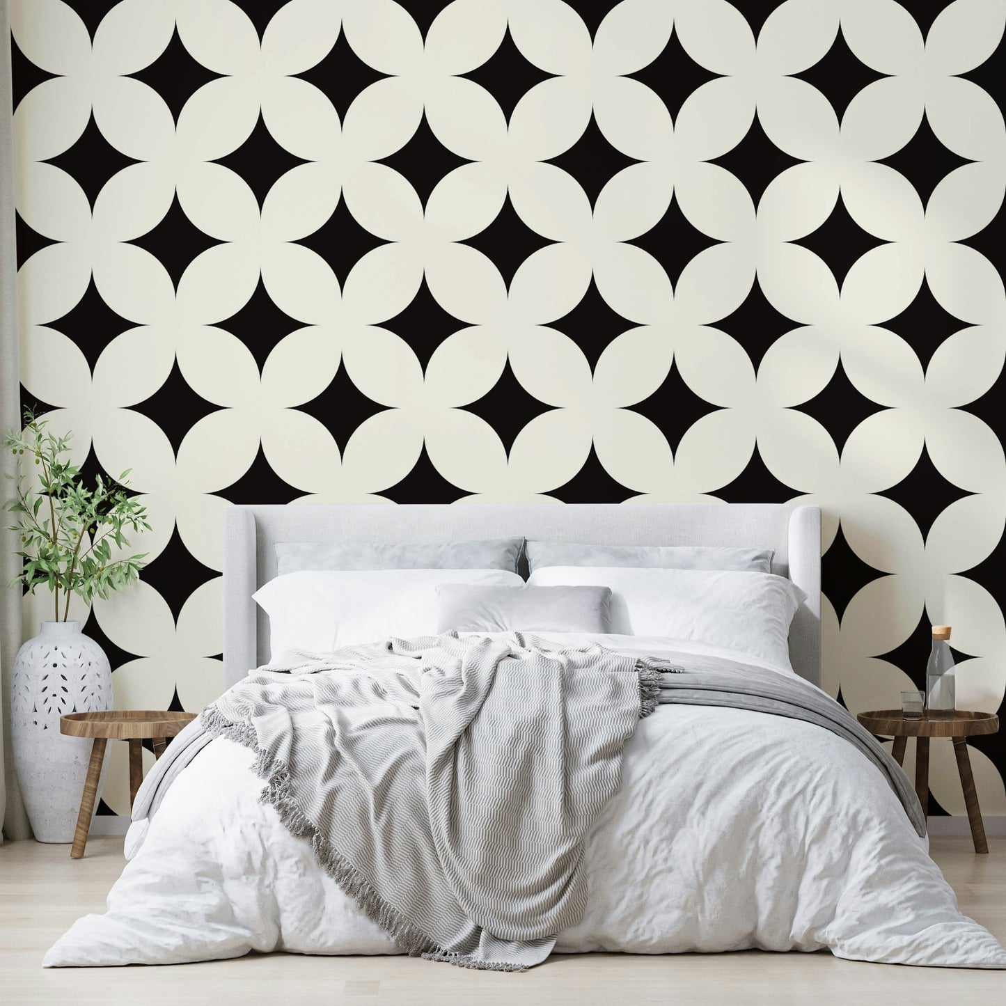 Chic black and ivory celestial deco wallpaper design.
