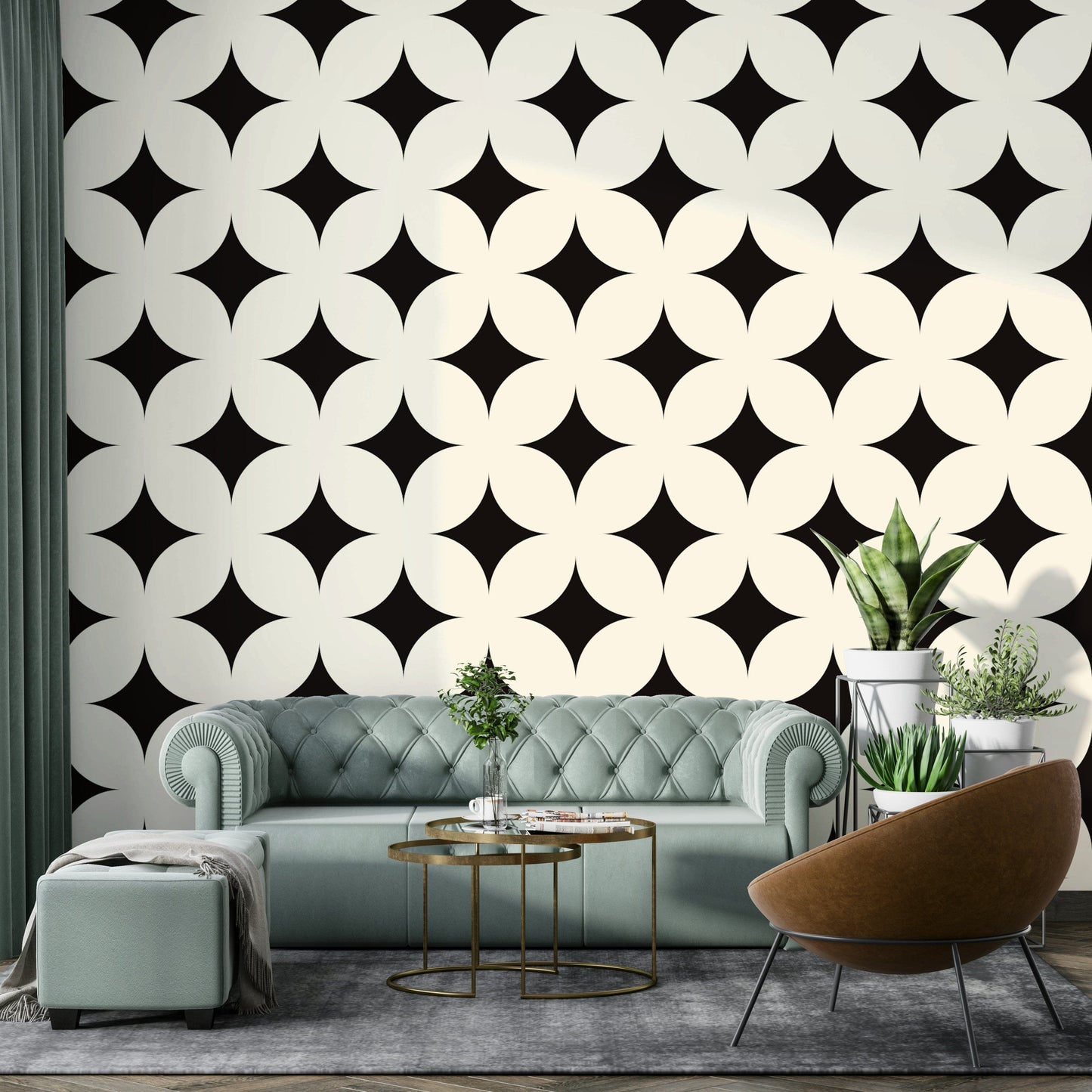 Sophisticated black starburst accent deco wallpaper decor.
