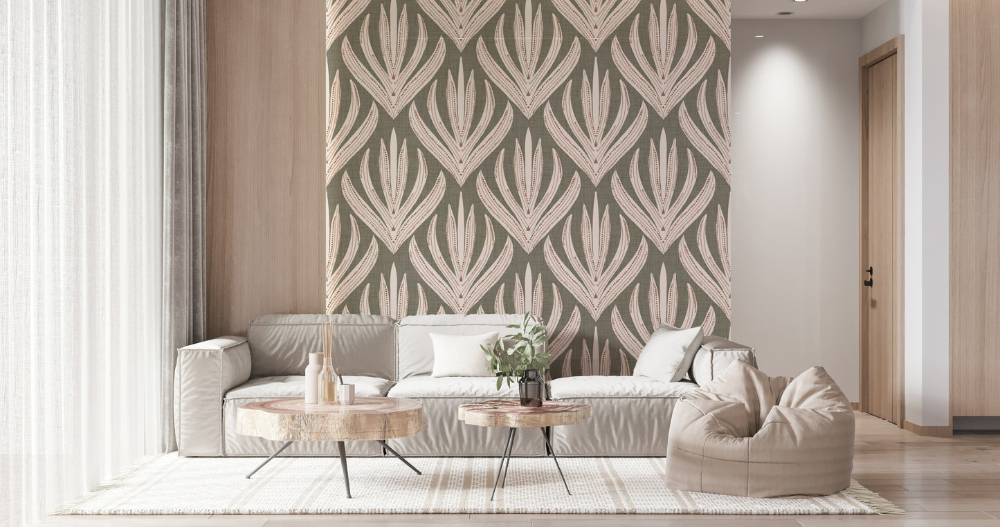 Contemporary wallpaper mural featuring abstract desert flower shapes in muted earthy tones.