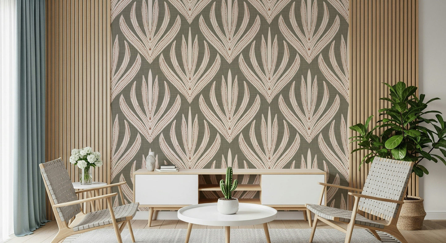 Stylized botanical wallpaper featuring arched, desert bloom–inspired shapes in warm pink and cream hues.