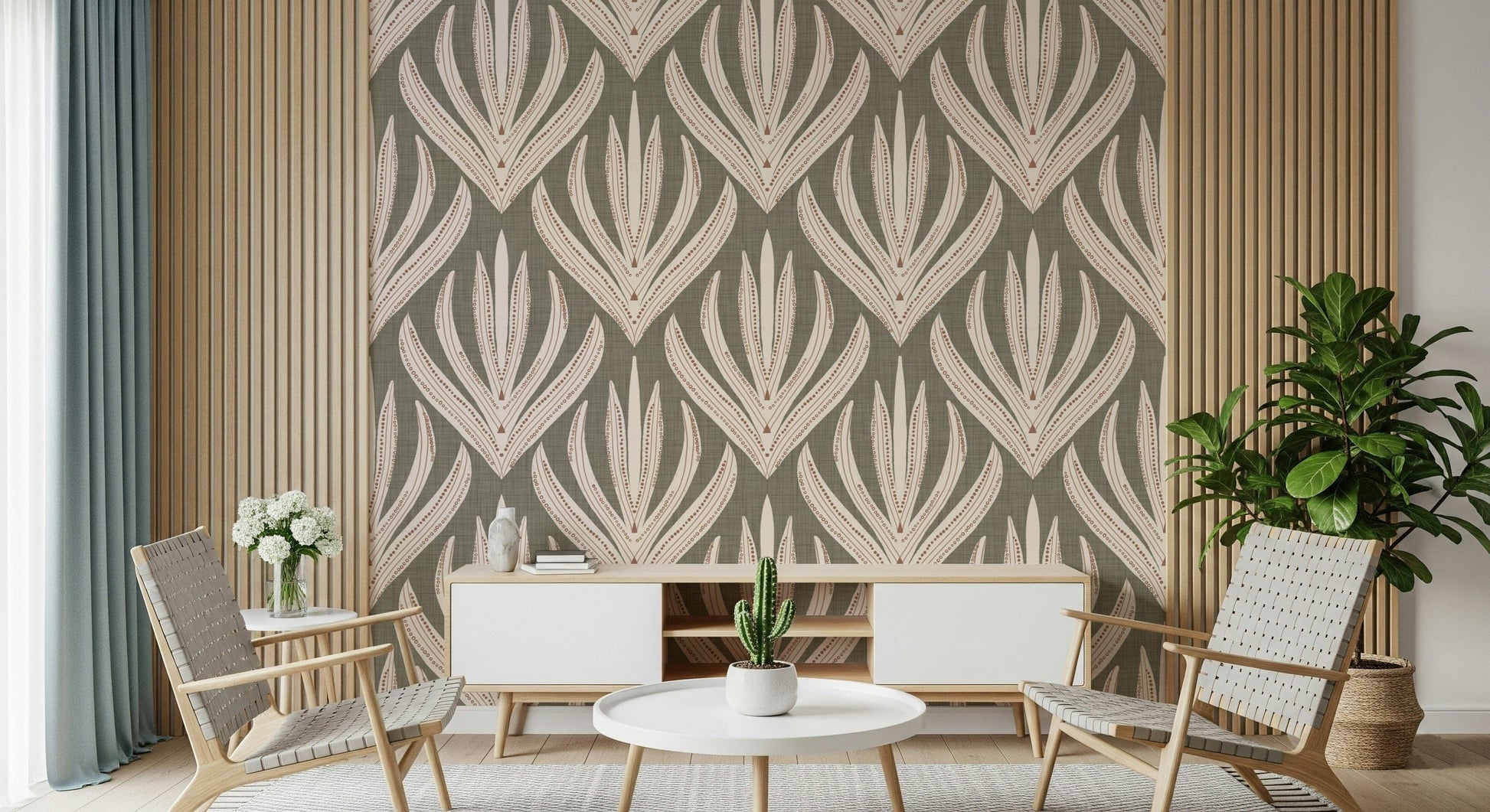 Stylized botanical wallpaper featuring arched, desert bloom–inspired shapes in warm pink and cream hues.
