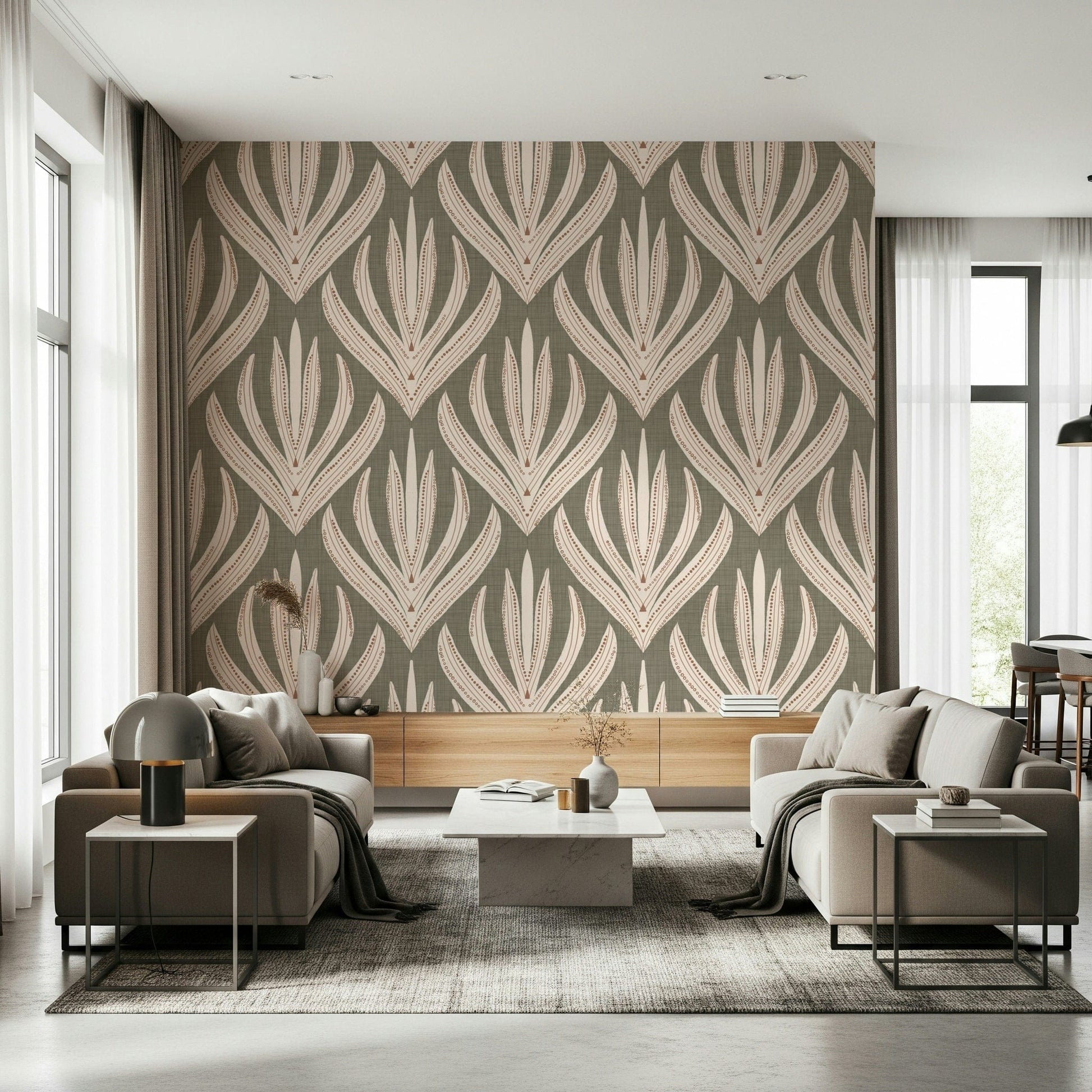 Decorative wallpaper featuring soft pastel botanical patterns arranged in a repeating vertical layout.