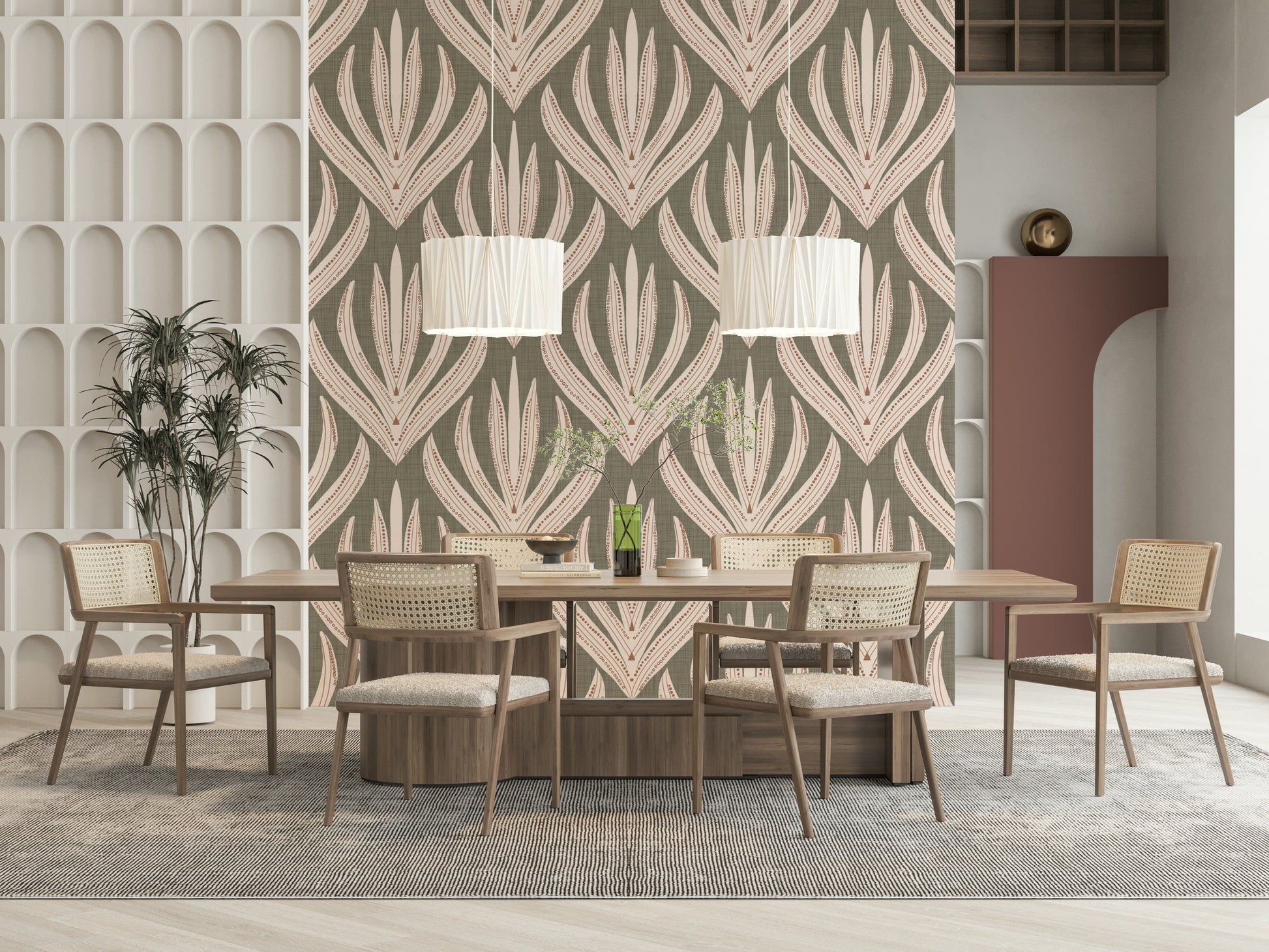 Nature-inspired wallpaper mural with bold, layered plant motifs resembling desert blooms.