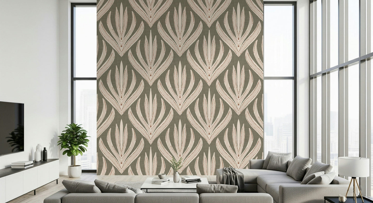Modern wallpaper mural with repeating desert-inspired floral shapes outlined in pink and white.