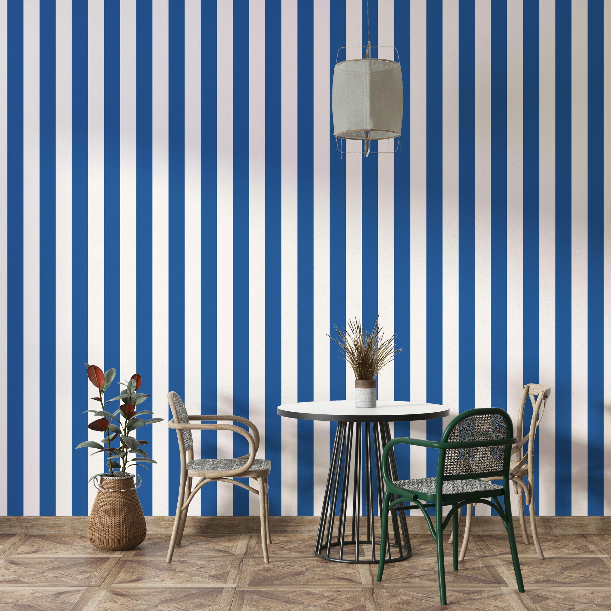 Modern room with maritime blue and beige stripes

