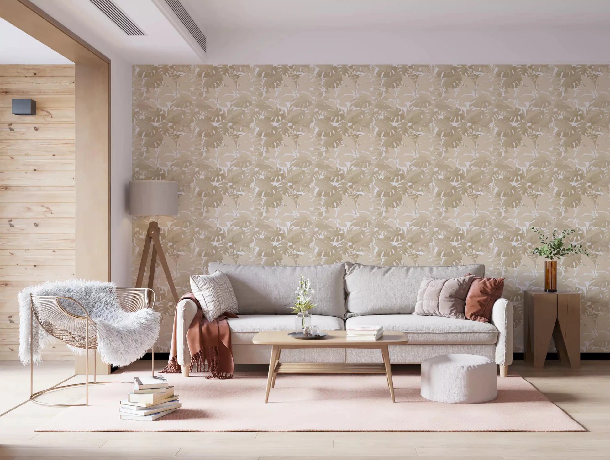Beige botanical wallpaper with monstera leaves and tropical shapes
