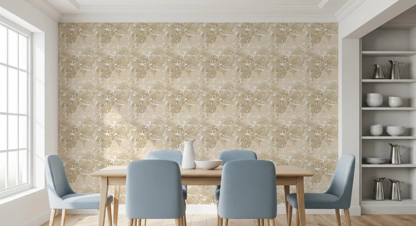 Repeating neutral wallpaper in soft beige botanical foliage tones