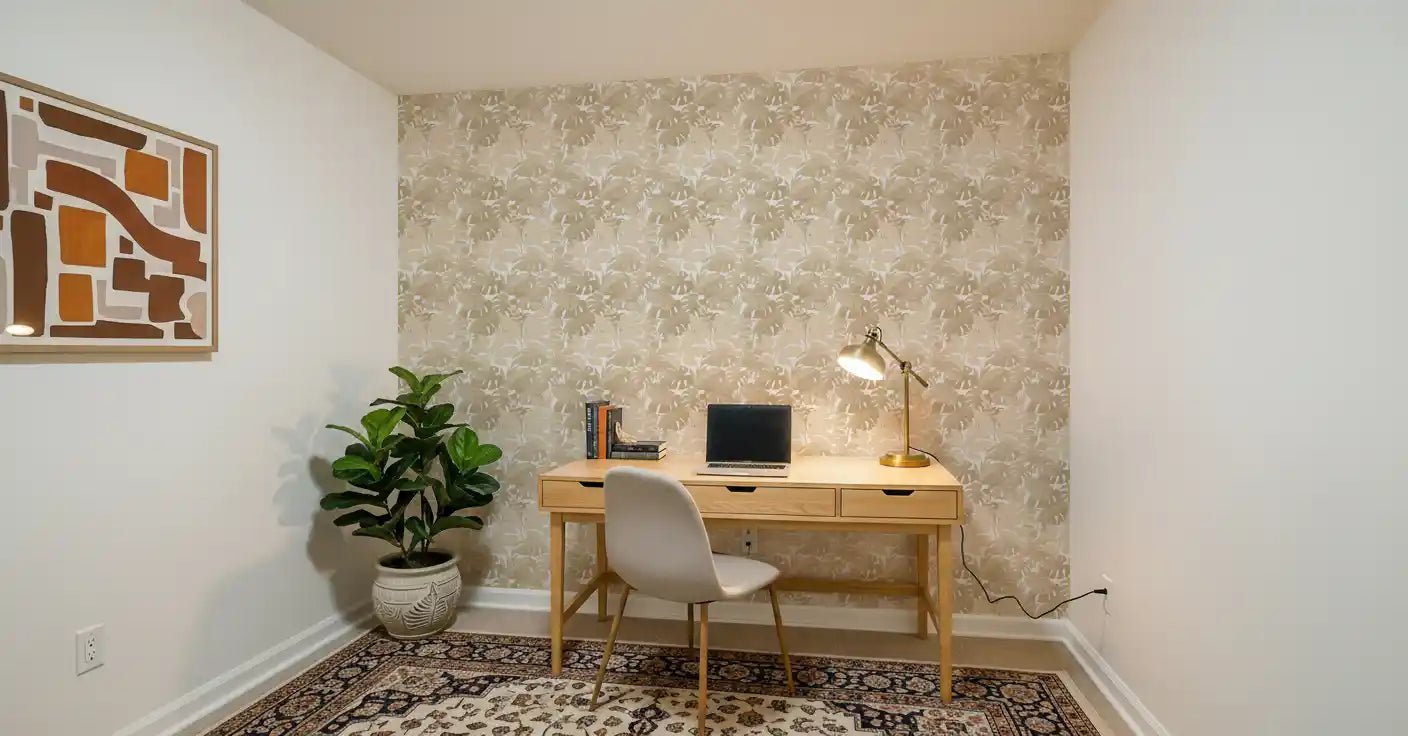 Study room Beige Botanical Embrace wallpaper with tropical leaf repeat
