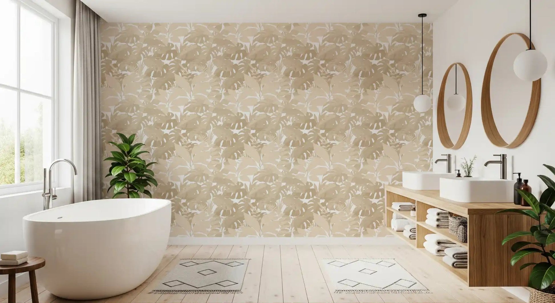 Beige Botanical Embrace wallpaper with oversized leaf silhouettes