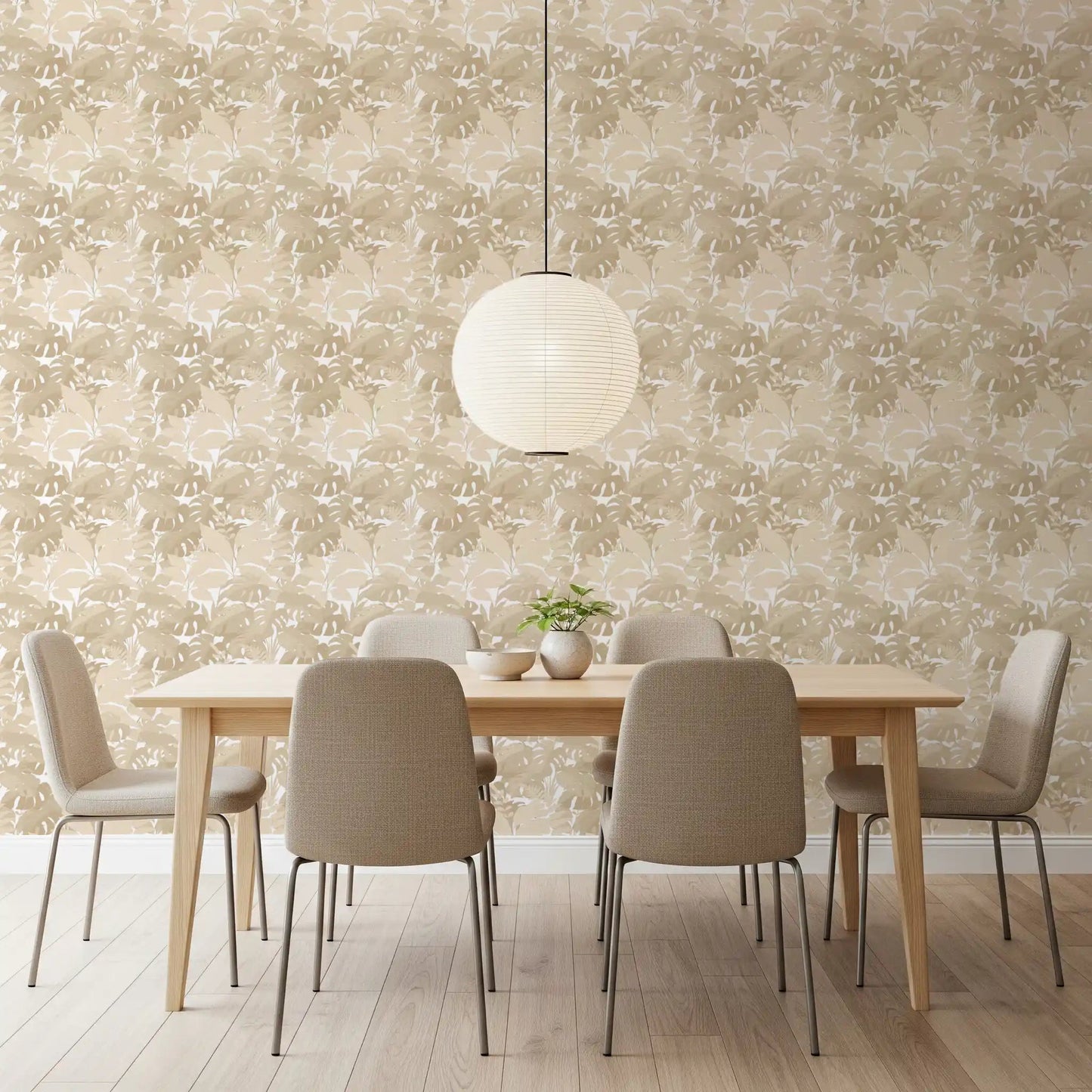 Beige Botanical Embrace wallpaper showing soft leaf pattern
