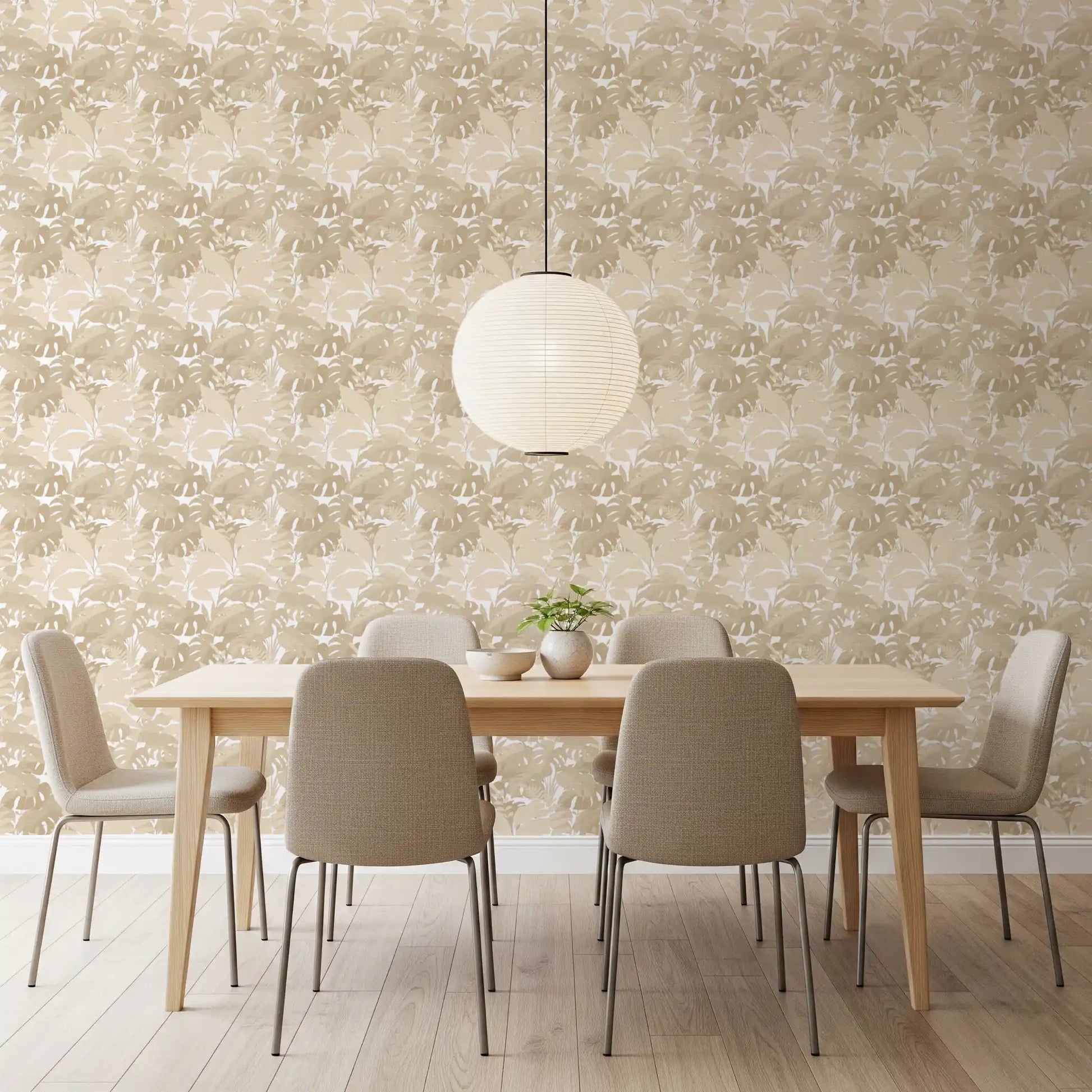 Beige Botanical Embrace wallpaper showing soft leaf pattern