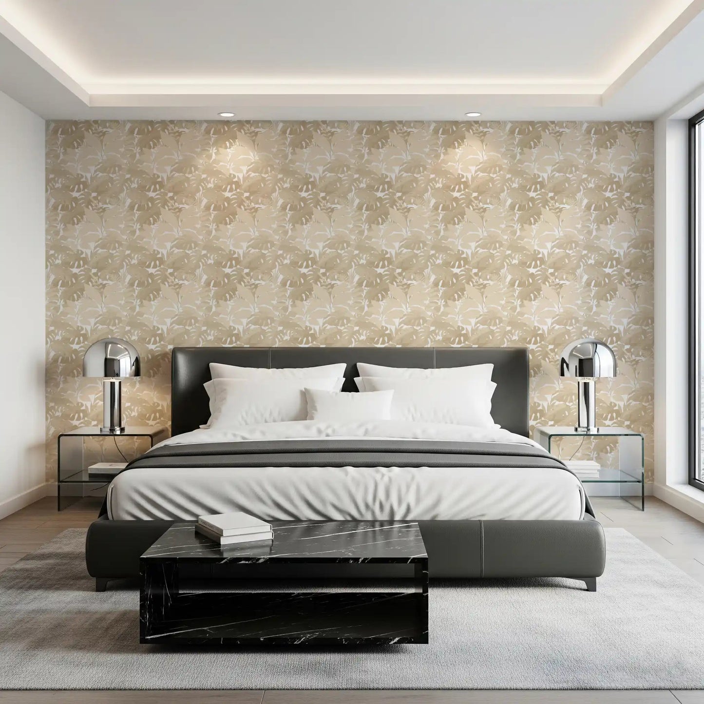 Bedroom Beige Botanical Embrace wallpaper with neutral leaf pattern