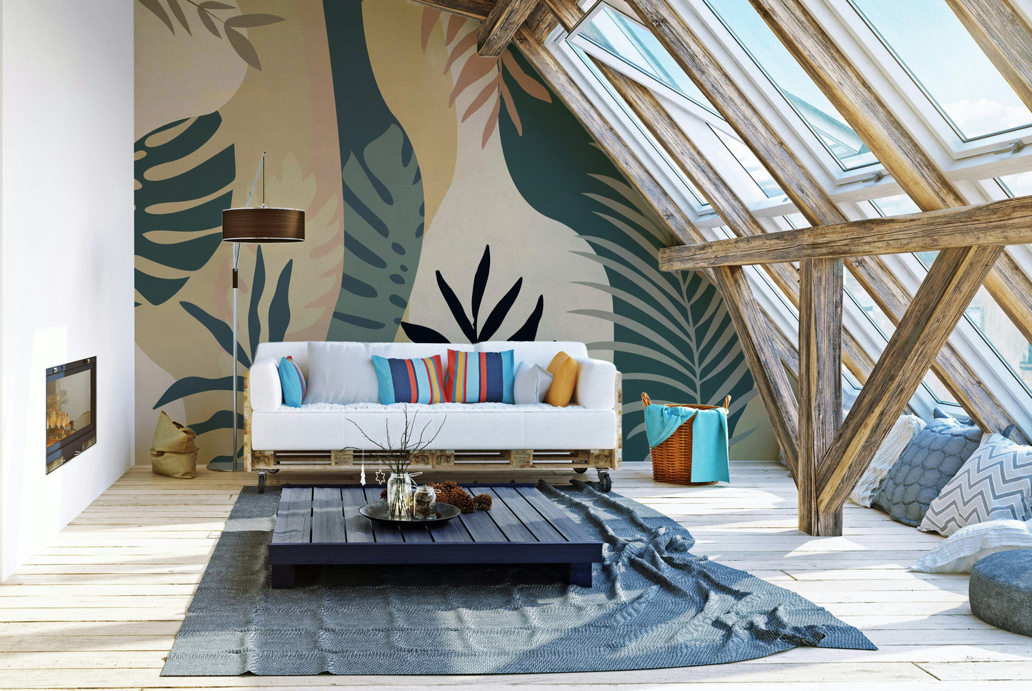 The design features a repeating pattern of soft, plant shapes.

