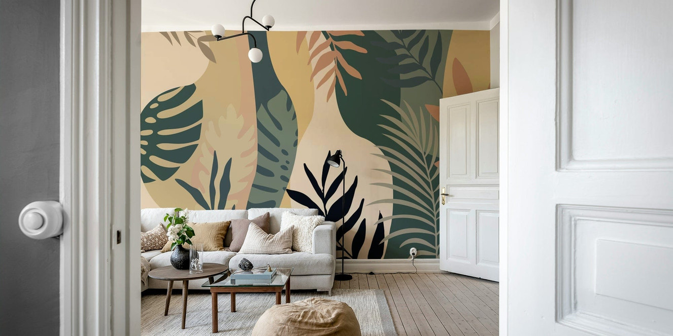 A peaceful wall mural with a natural, botanical design.

