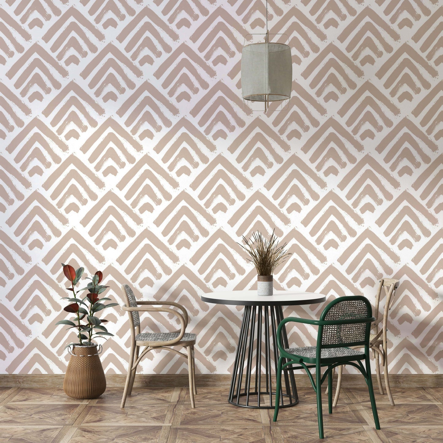 A full-wall mural showing a pattern of painted ornaments.
