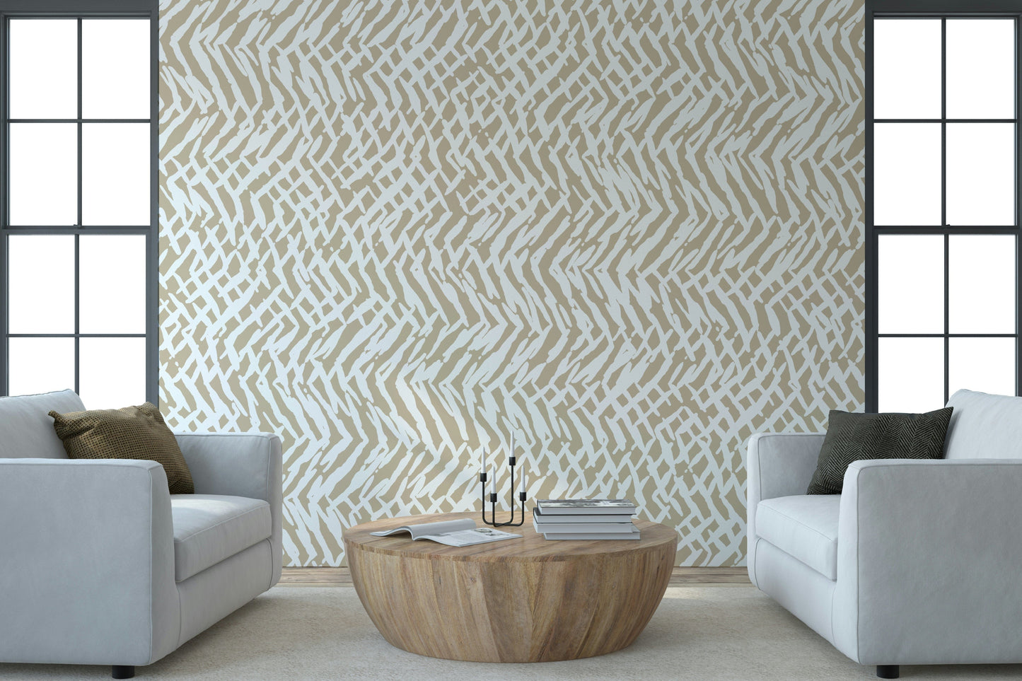 Neutral abstract wall mural with brushstroke weave design ideal for stylish, minimalist décor.