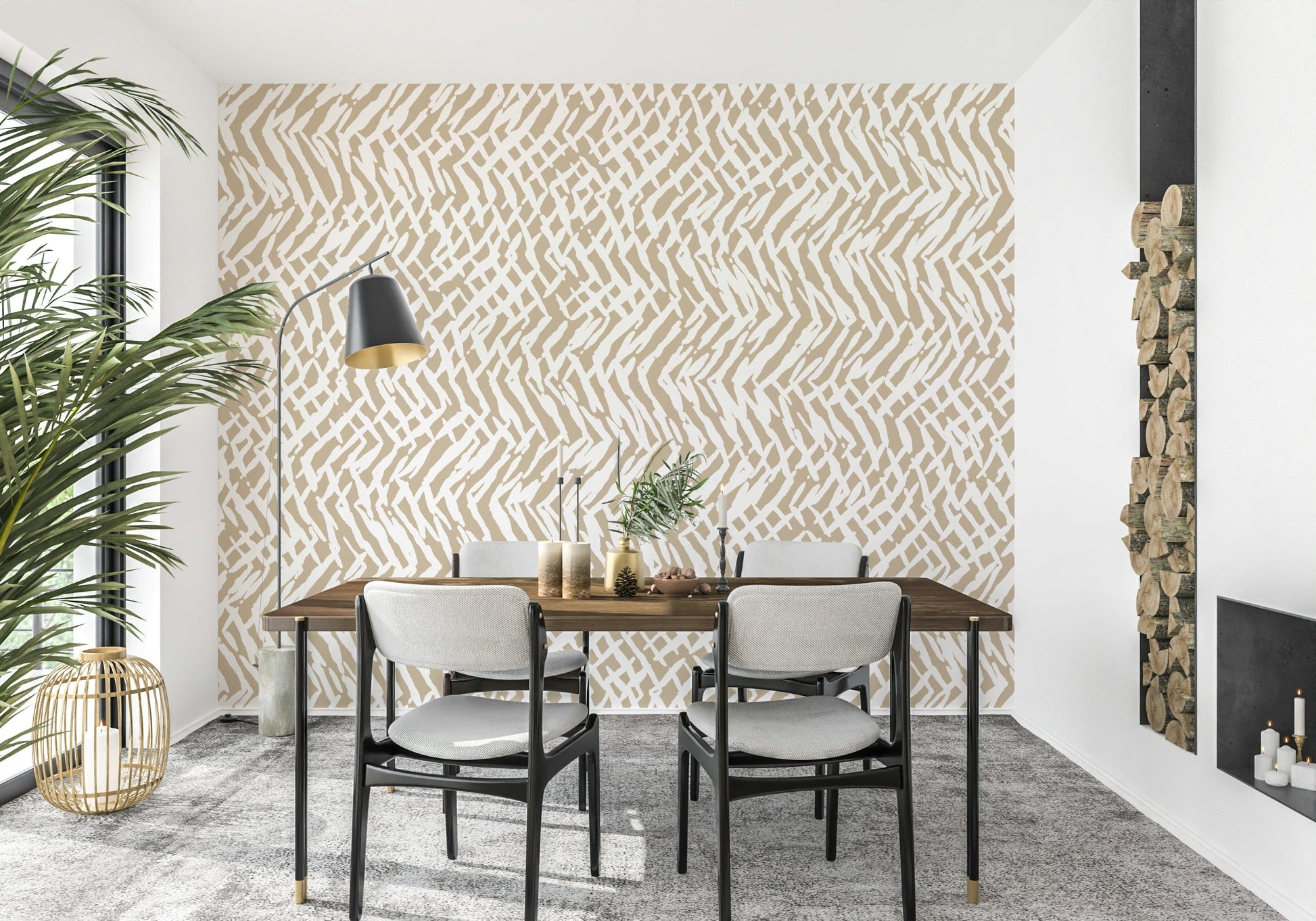 Contemporary wall mural with hand-painted brushstroke weave effect in soft neutral tones.